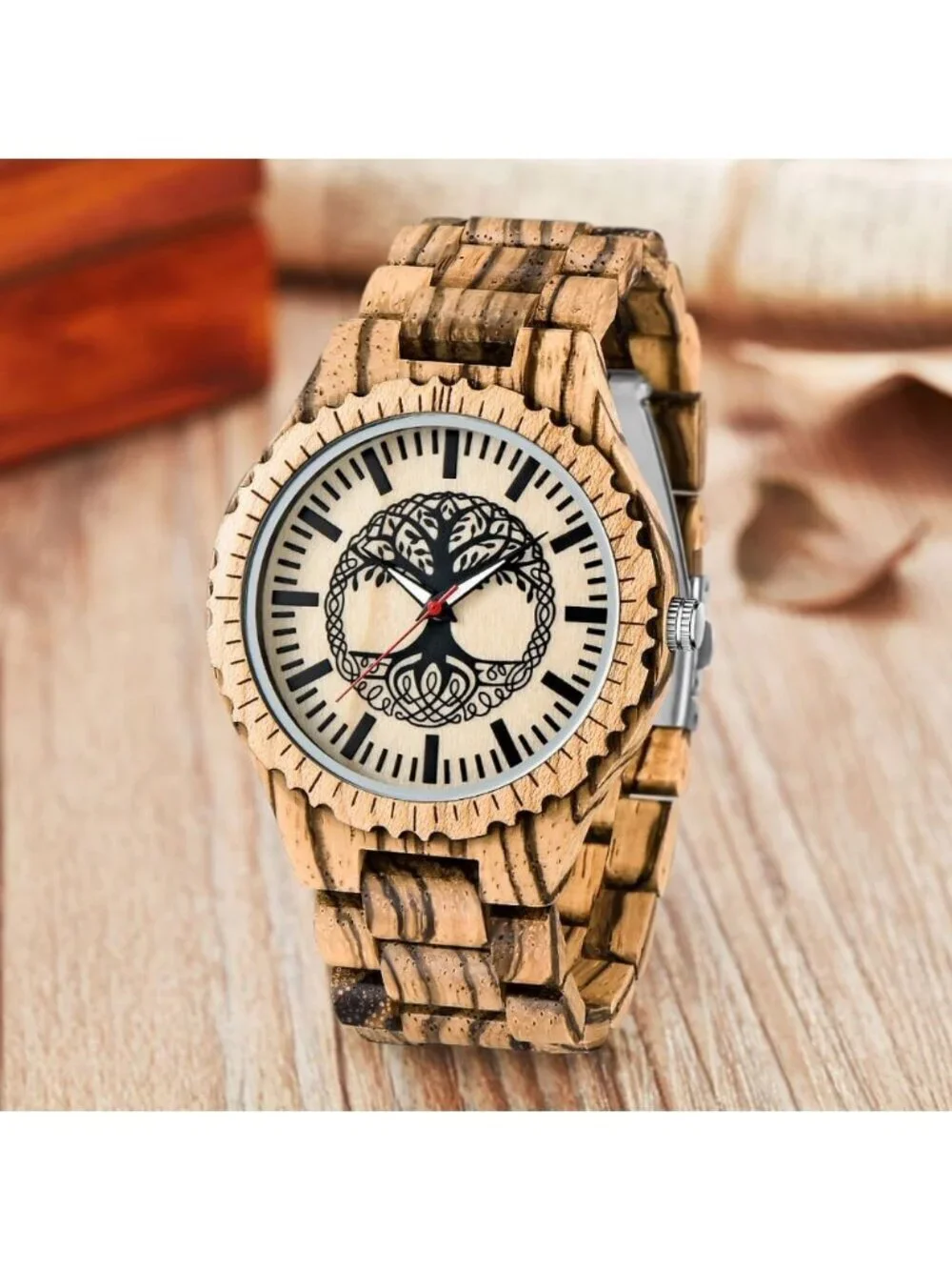 Men's Brown Tree 100% Manual Round Wrist Analog Quartz Handmade Wooden Watch